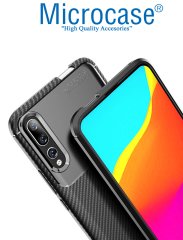 Microcase Huawei Y9 Prime 2019 Maxy Serisi Carbon Fiber Silikon Kılıf - Siyah + Tempered Glass Cam Koruma (SEÇENEKLİ)