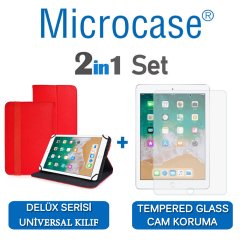 Microcase iPad 9.7 2018 Delüx Serisi Universal Standlı Deri Kılıf - Kırmızı + Tempered Glass Cam Koruma