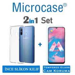 Microcase Samsung Galaxy A40s İnce 0.2 mm Soft Silikon Kılıf - Şeffaf + Tempered Glass Cam Koruma