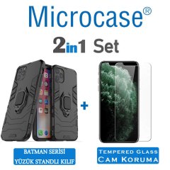 Microcase iPhone 11 Pro Max Batman Serisi Yüzük Standlı Armor Kılıf - Siyah + Tempered Glass Cam Koruma