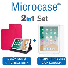 Microcase iPad 9.7 2018 Delüx Serisi Universal Standlı Deri Kılıf - Pembe + Tempered Glass Cam Koruma