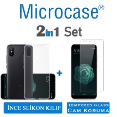 Xiaomi Mi A2-Mi 6X İnce 0.2 mm Soft Silikon Kılıf +Tempered Cam