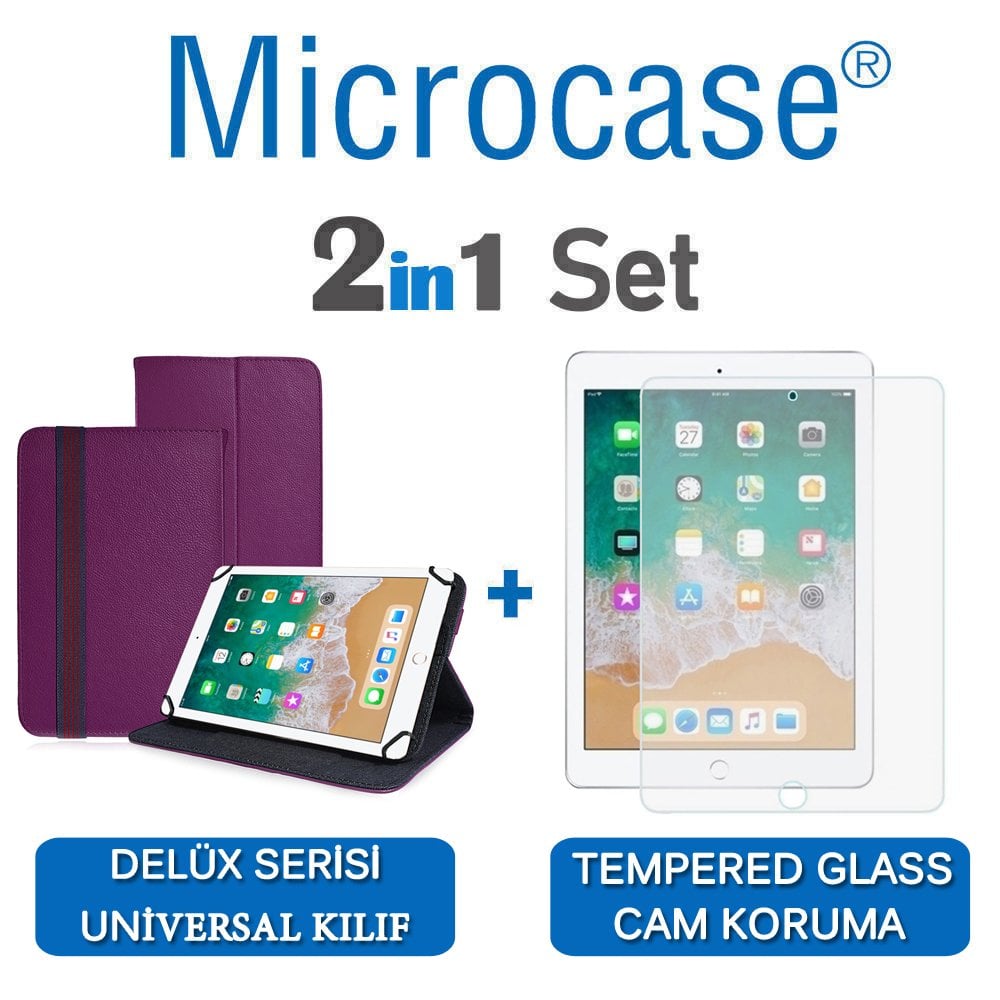 Microcase iPad 9.7 2018 Delüx Serisi Universal Standlı Deri Kılıf - Mor + Tempered Glass Cam Koruma