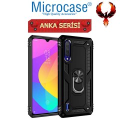 Microcase Xiaomi Mi A3 - Mi CC9e Anka Serisi Yüzük Standlı Armor Kılıf - Siyah + Tempered Glass Cam Koruma