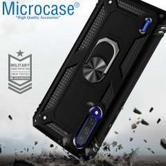 Microcase Xiaomi Mi A3 - Mi CC9e Anka Serisi Yüzük Standlı Armor Kılıf - Siyah + Tempered Glass Cam Koruma