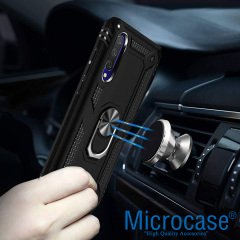Microcase Xiaomi Mi A3 - Mi CC9e Anka Serisi Yüzük Standlı Armor Kılıf - Siyah + Tempered Glass Cam Koruma