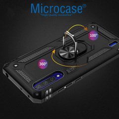 Microcase Xiaomi Mi A3 - Mi CC9e Anka Serisi Yüzük Standlı Armor Kılıf - Siyah + Tempered Glass Cam Koruma