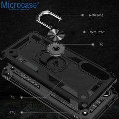 Microcase Xiaomi Mi A3 - Mi CC9e Anka Serisi Yüzük Standlı Armor Kılıf - Siyah + Tempered Glass Cam Koruma