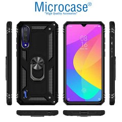Microcase Xiaomi Mi A3 - Mi CC9e Anka Serisi Yüzük Standlı Armor Kılıf - Siyah + Tempered Glass Cam Koruma