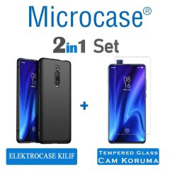 Microcase Xiaomi Mi 9T Elektrocase Serisi Silikon Kılıf Siyah + Tempered Glass Cam Koruma (SEÇENEKLİ)