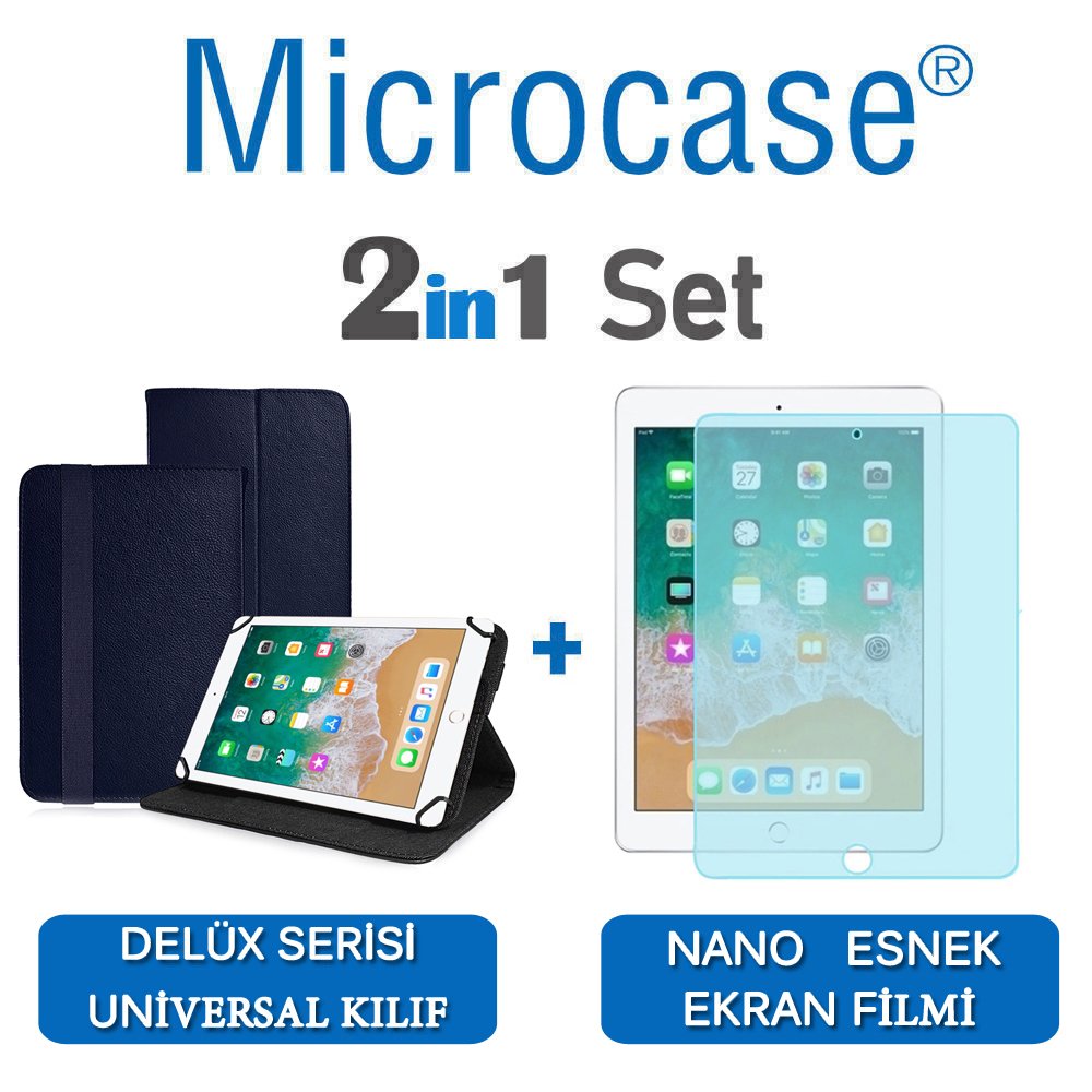 Microcase iPad 9.7 2018 Delüx Serisi Universal Standlı Deri Kılıf - Lacivert + Nano Esnek Ekran Koruma Filmi
