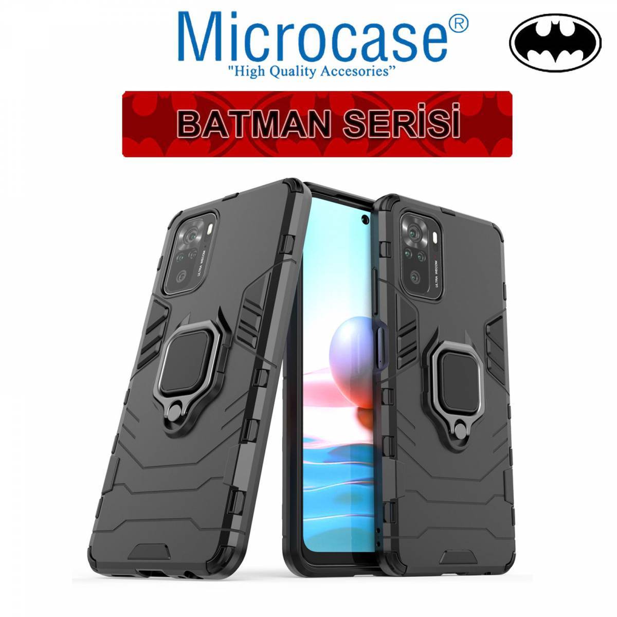 Microcase Xiaomi Redmi Note 10 Pro Batman Serisi Yüzük Standlı Armor Kılıf - Siyah