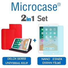 Microcase iPad 9.7 2018 Delüx Serisi Universal Standlı Deri Kılıf - Kırmızı + Nano Esnek Ekran Koruma Filmi