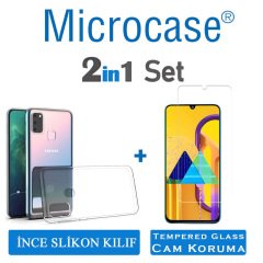 Microcase Samsung Galaxy M30S İnce 0.2 mm Soft Silikon Kılıf - Şeffaf + Tempered Glass Cam Koruma