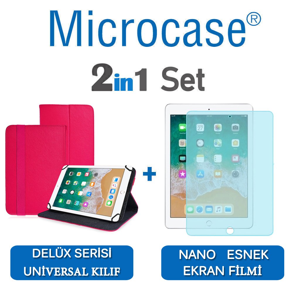 Microcase iPad 9.7 2018 Delüx Serisi Universal Standlı Deri Kılıf - Pembe + Nano Esnek Ekran Koruma Filmi