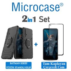 Microcase Huawei Honor 20 - Nova 5T Batman Serisi Yüzük Standlı Armor Kılıf - Siyah + Tam Kaplayan Çerçeveli Cam