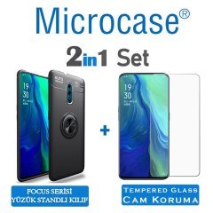 Microcase Oppo Reno Focus Serisi Yüzük Standlı Silikon Kılıf - Siyah + Tempered Glass Cam Koruma