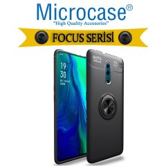 Microcase Oppo Reno Focus Serisi Yüzük Standlı Silikon Kılıf - Siyah + Tempered Glass Cam Koruma