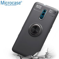 Microcase Oppo Reno Focus Serisi Yüzük Standlı Silikon Kılıf - Siyah + Tempered Glass Cam Koruma