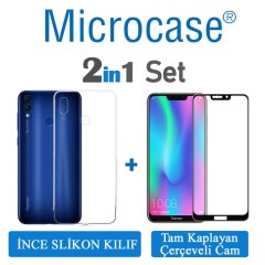 Microcase Huawei Honor 8C Ultra İnce 0.2 mm Soft Silikon Kılıf + Tam Kaplayan Çerçeveli Cam