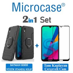 Microcase Huawei Honor 8S Batman Serisi Yüzük Standlı Armor Kılıf - Siyah + Tam Kaplayan Çerçeveli Cam