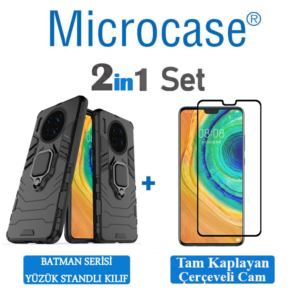Microcase Huawei Mate 30 Batman Serisi Yüzük Standlı Armor Kılıf - Siyah + Tam Kaplayan Çerçeveli Cam