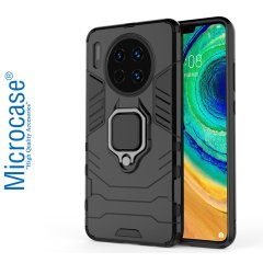Microcase Huawei Mate 30 Batman Serisi Yüzük Standlı Armor Kılıf - Siyah + Tam Kaplayan Çerçeveli Cam
