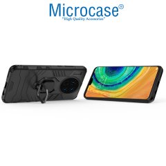 Microcase Huawei Mate 30 Batman Serisi Yüzük Standlı Armor Kılıf - Siyah + Tam Kaplayan Çerçeveli Cam