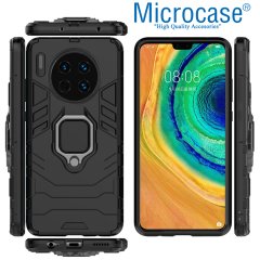 Microcase Huawei Mate 30 Batman Serisi Yüzük Standlı Armor Kılıf - Siyah + Tam Kaplayan Çerçeveli Cam