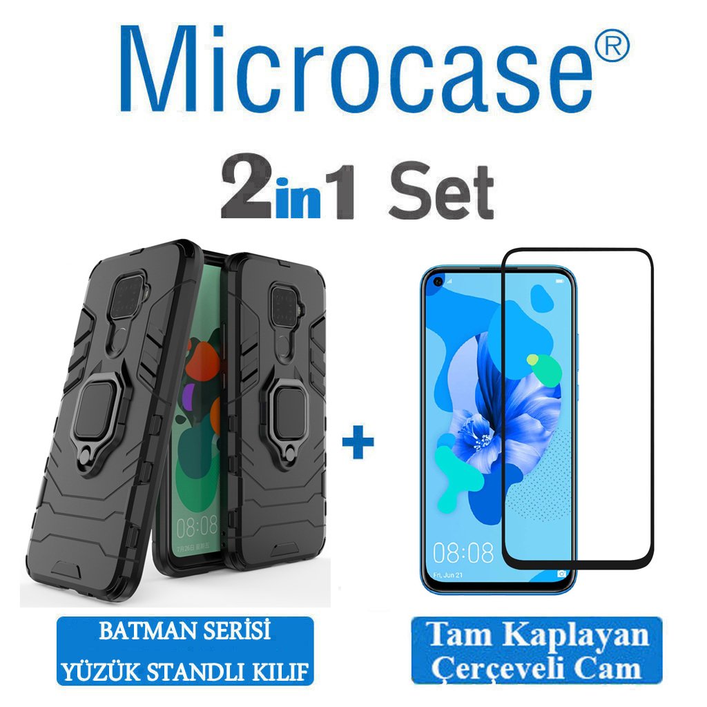 Microcase Huawei Mate 30 Lite Batman Serisi Yüzük Standlı Armor Kılıf - Siyah + Tam Kaplayan Çerçeveli Cam