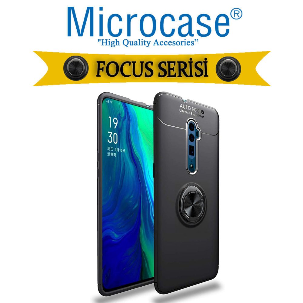 Microcase Oppo Reno 10x Zoom Focus Serisi Yüzük Standlı Silikon Kılıf - Siyah