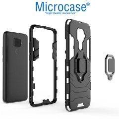 Microcase Huawei Mate 30 Lite Batman Serisi Yüzük Standlı Armor Kılıf - Siyah + Tam Kaplayan Çerçeveli Cam