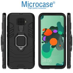 Microcase Huawei Mate 30 Lite Batman Serisi Yüzük Standlı Armor Kılıf - Siyah + Tam Kaplayan Çerçeveli Cam