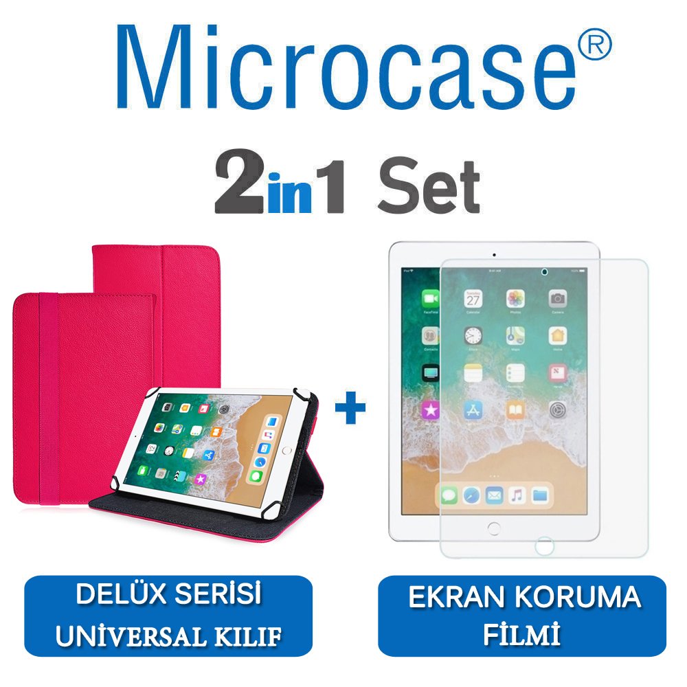 Microcase iPad 9.7 2018 Delüx Serisi Universal Standlı Deri Kılıf - Pembe + Ekran Koruma Filmi