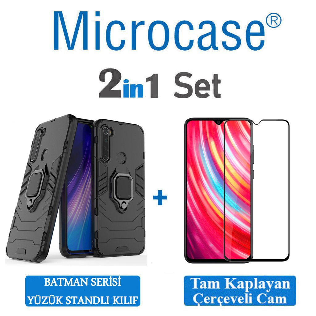 Microcase Xiaomi Redmi Note 8 Batman Serisi Yüzük Standlı Armor Kılıf - Siyah + Tam Kaplayan Çerçeveli Cam