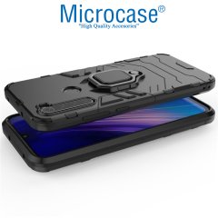 Microcase Xiaomi Redmi Note 8 Batman Serisi Yüzük Standlı Armor Kılıf - Siyah + Tam Kaplayan Çerçeveli Cam