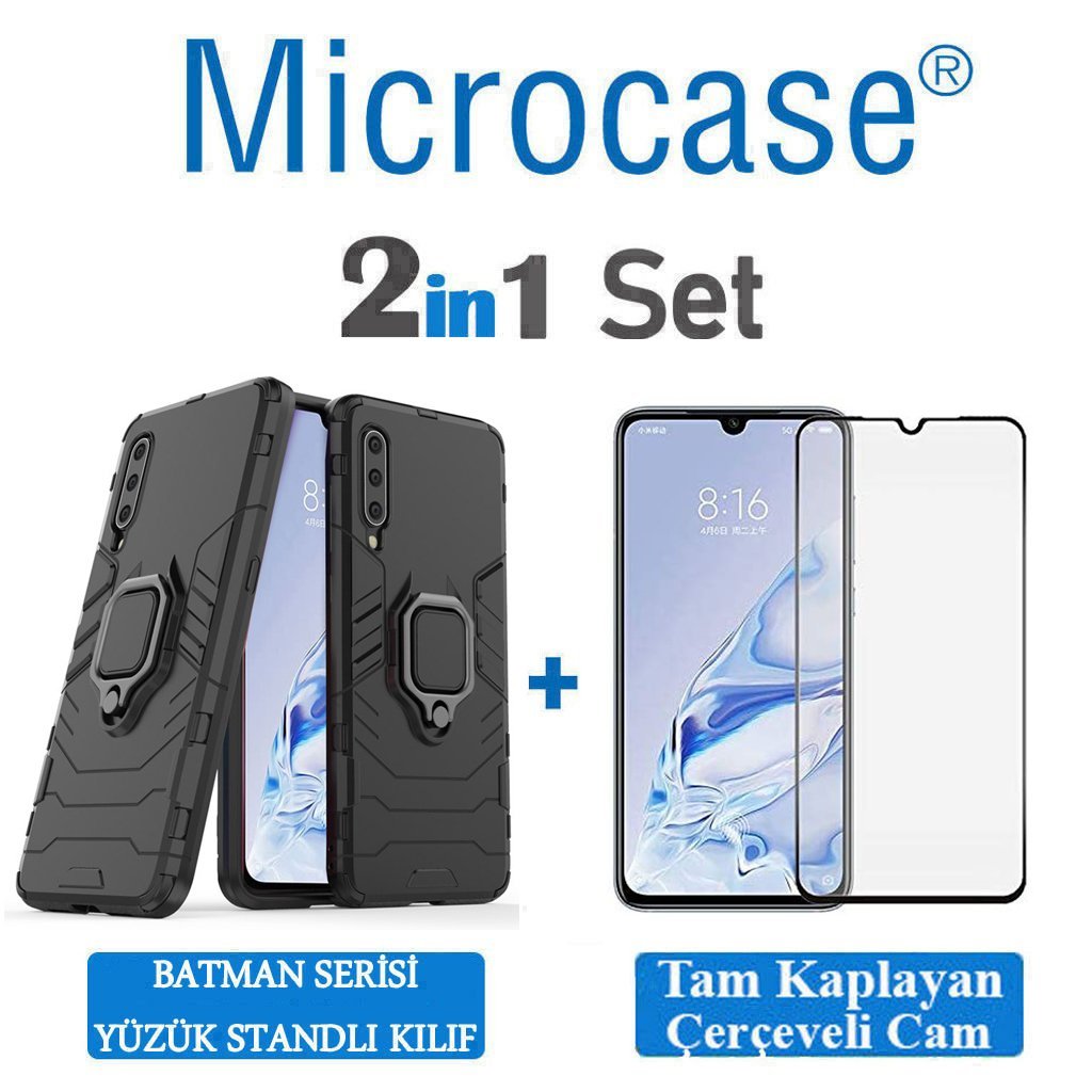 Microcase Xiaomi Mi 9 Pro Batman Serisi Yüzük Standlı Armor Kılıf - Siyah + Tam Kaplayan Çerçeveli Cam