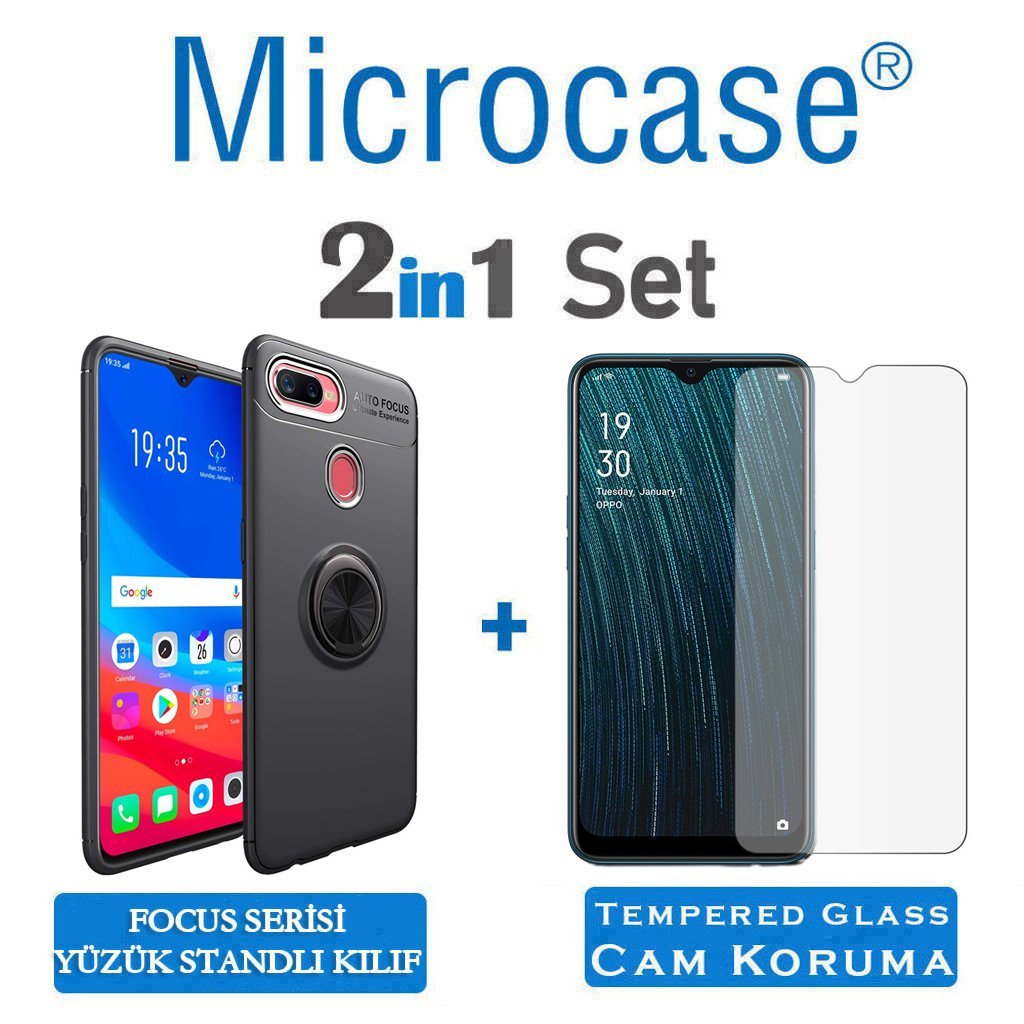 Microcase Oppo A5S - Oppo AX7 Focus Serisi Yüzük Standlı Silikon Kılıf - Siyah + Tempered Glass Cam Koruma