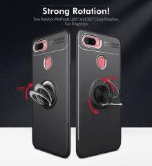 Microcase Oppo A5S - Oppo AX7 Focus Serisi Yüzük Standlı Silikon Kılıf - Siyah + Tempered Glass Cam Koruma