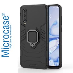 Microcase Xiaomi Mi 9 Pro Batman Serisi Yüzük Standlı Armor Kılıf - Siyah + Tam Kaplayan Çerçeveli Cam