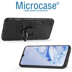 Microcase Xiaomi Mi 9 Pro Batman Serisi Yüzük Standlı Armor Kılıf - Siyah + Tam Kaplayan Çerçeveli Cam