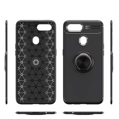 Microcase Oppo A5S - Oppo AX7 Focus Serisi Yüzük Standlı Silikon Kılıf - Siyah + Tempered Glass Cam Koruma