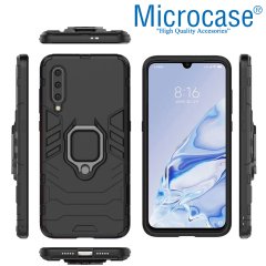 Microcase Xiaomi Mi 9 Pro Batman Serisi Yüzük Standlı Armor Kılıf - Siyah + Tam Kaplayan Çerçeveli Cam