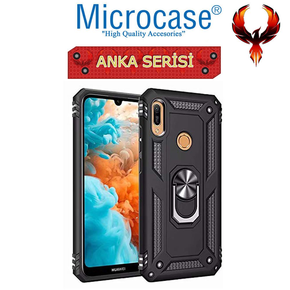 Microcase Huawei Y6S 2019 - Y6 2019 Anka Serisi Yüzük Standlı Armor Kılıf - Siyah