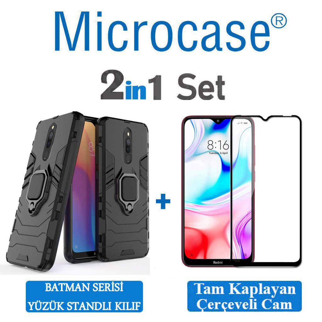 Microcase Xiaomi Redmi 8 Batman Serisi Yüzük Standlı Armor Kılıf - Siyah + Tam Kaplayan Çerçeveli Cam