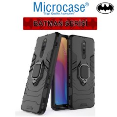 Microcase Xiaomi Redmi 8 Batman Serisi Yüzük Standlı Armor Kılıf - Siyah + Tam Kaplayan Çerçeveli Cam