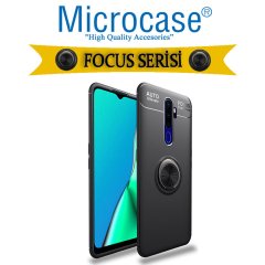 Microcase Oppo A5 2020 - Oppo A9 2020 Focus Serisi Yüzük Standlı Silikon Kılıf - Siyah + Tempered Glass Cam Koruma