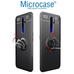 Microcase Oppo A5 2020 - Oppo A9 2020 Focus Serisi Yüzük Standlı Silikon Kılıf - Siyah + Tempered Glass Cam Koruma