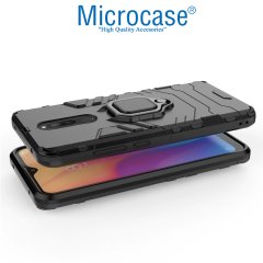 Microcase Xiaomi Redmi 8 Batman Serisi Yüzük Standlı Armor Kılıf - Siyah + Tam Kaplayan Çerçeveli Cam