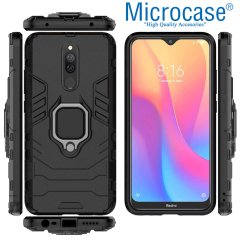 Microcase Xiaomi Redmi 8 Batman Serisi Yüzük Standlı Armor Kılıf - Siyah + Tam Kaplayan Çerçeveli Cam